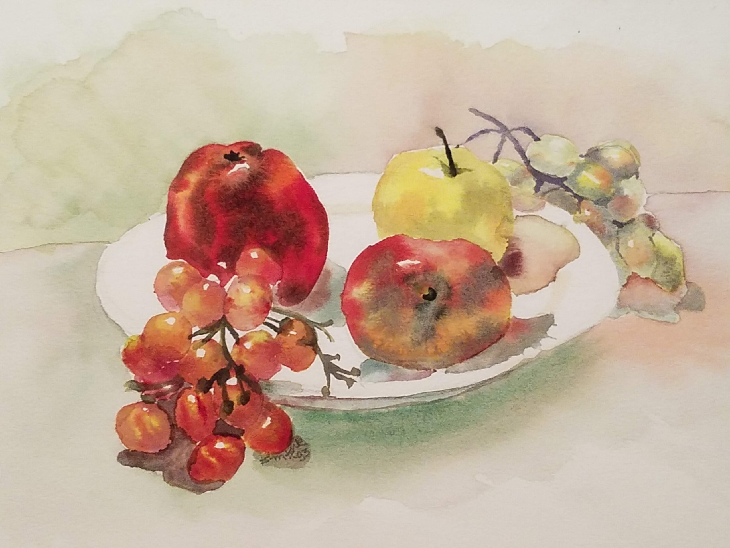 plate with grapes, apples, tomato